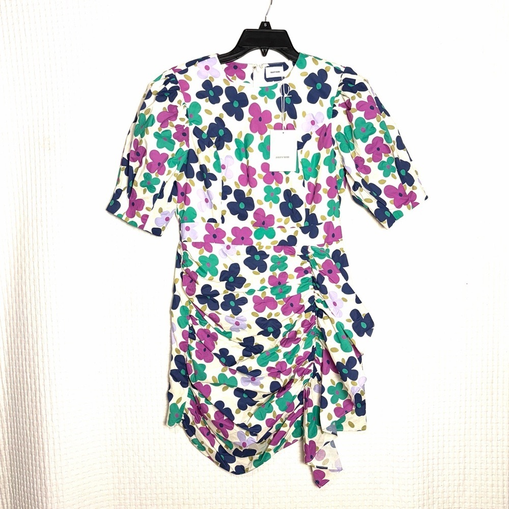 Aureum Ruched Sash Floral Mini Multicolor Dress Back Zip Women’s Size S NEW